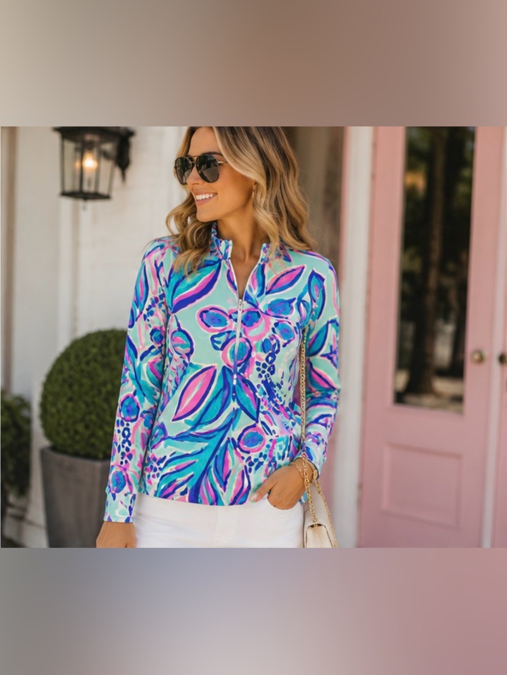 Aryeh Aqua & Pink Tropical Leaf Print Long Sleeve Top
